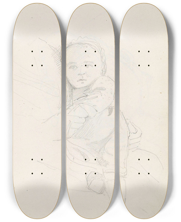 Triptych art skateboard deck of Adolph Tidemand Barn P Mors Fang by Adolph Tidemand (1814-1876)