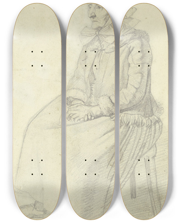 Triptych art skateboard deck of Georg Friedrich Kersting Sitzende Bauersfrau Mit In Den Scho Gelegten Hnden by Georg Friedrich Kersting (1785-1847)