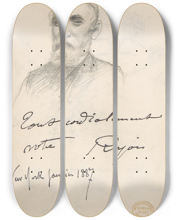 Triptych art skateboard deck of Martin Rico Y Ortega Portrait Of Man by Martin Rico Y Ortega (1833-1908)