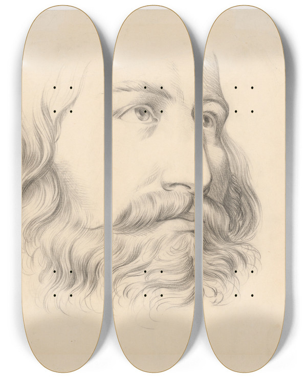 Triptych art skateboard deck of Ladislav Mednynszky Study Of A Male Head With Moustache And Beard by Ladislav Mednyanszky (1852-1919)