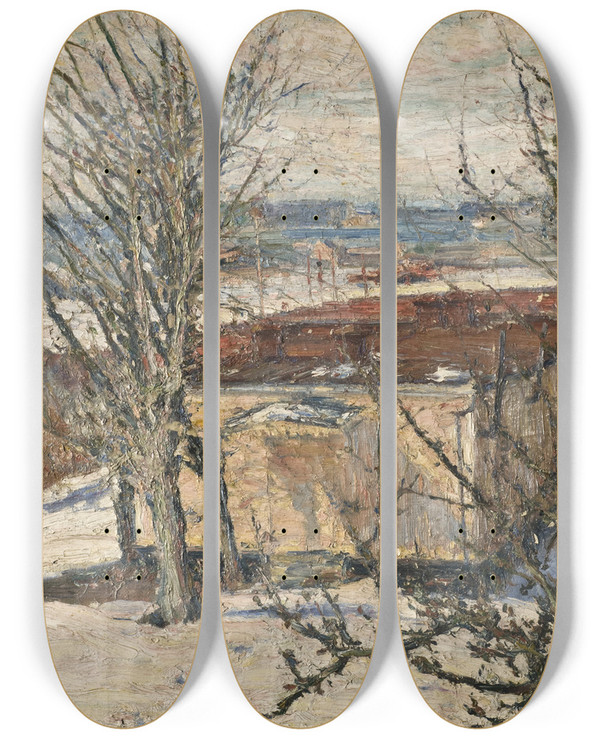 Triptych art skateboard deck of Karl Nordstrm Garden Pavilion At Skansen by Karl Nordstrom (1855-1923)