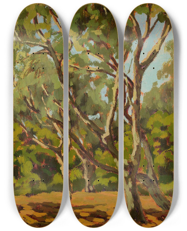Triptych art skateboard deck of Jan Bohuszewicz Olives And Sunny Glade by Jan Bohuszewicz (1878-1935)