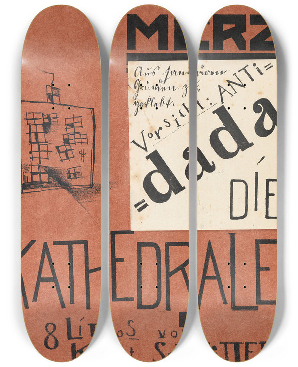 Triptych art skateboard deck of Kurt Schwitters Die Silbergule by Kurt Schwitters (1887-1948)