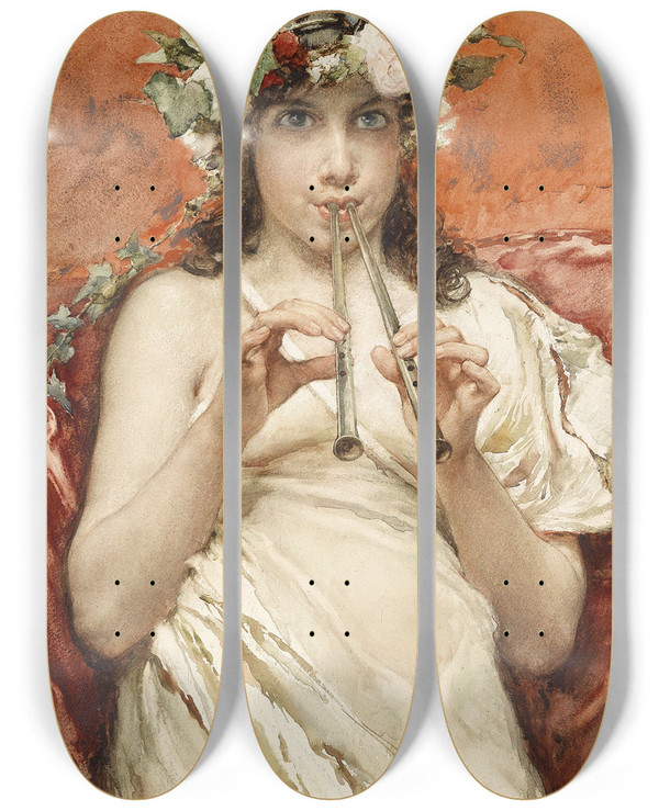 Triptych art skateboard deck of Francisco Pradilla Boy Playing The Flute by Francisco Pradilla (1848-1921)