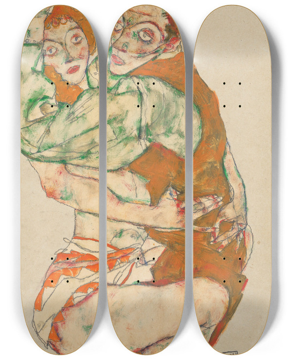 Triptych art skateboard deck of Egon Schiele Lovemaking by Egon Schiele (1890-1918)