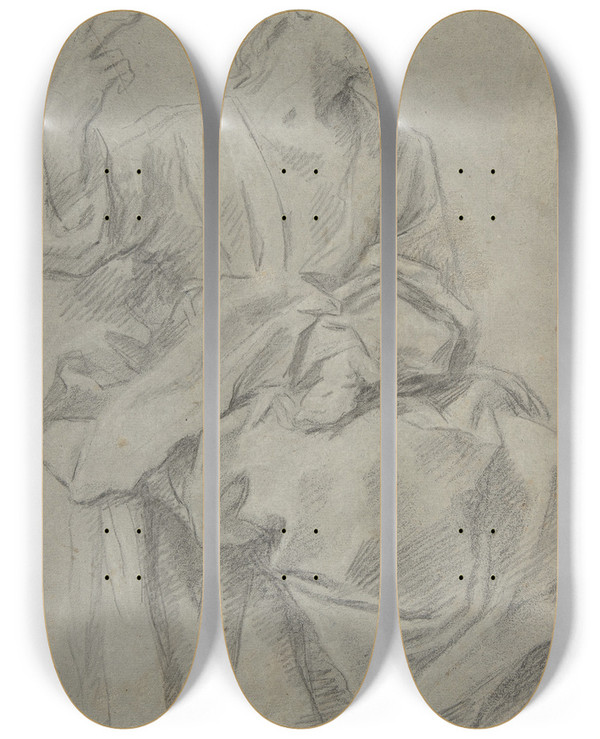 Triptych art skateboard deck of Giovanni Lanfranco Seated Draped Male Figure by Giovanni Lanfranco (1582-1647)