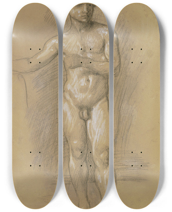 Triptych art skateboard deck of Hans Von Mares Akt Eines Jungen Stehenden Mannes_2 by Hans Von Marees (1837-1887)