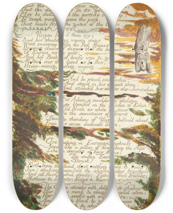 Triptych art skateboard deck of William Blake The Song Of Los Lambeth Pl7 by William Blake (1757-1827)