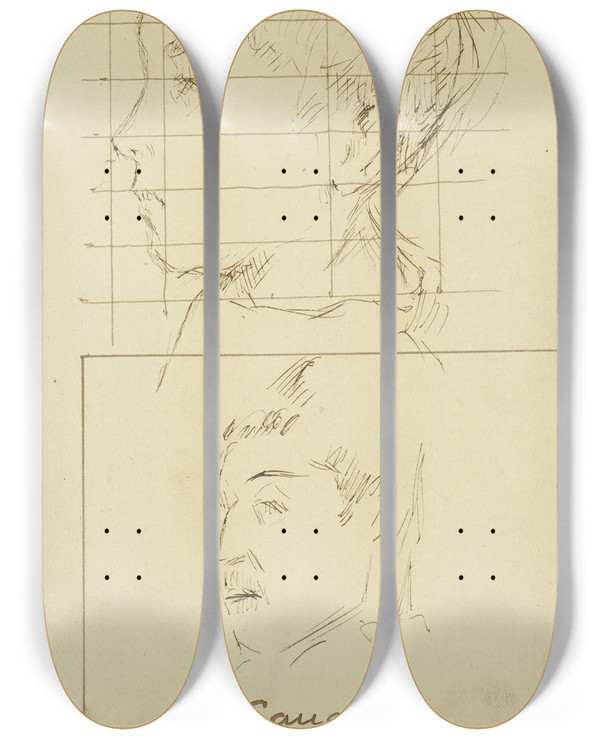 Triptych art skateboard deck of Paul Gauguin Heads Of A Boy And A Man Selfportrait Verso by Paul Gauguin (1848-1903)