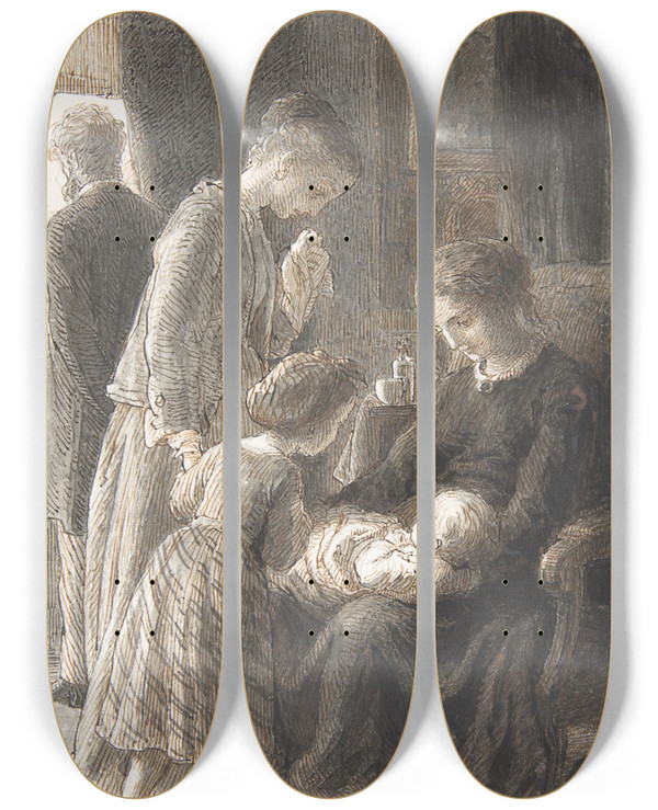 Triptych art skateboard deck of Lorenz Frlich The Young Family by Lorenz Frolich (1820-1908)
