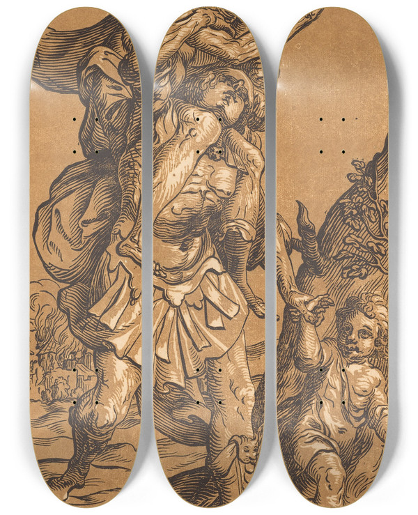 Triptych art skateboard deck of Ludwig Bsinck Aeneas Saving His Father From Troy by Ludwig Bsinck (1590-1669)