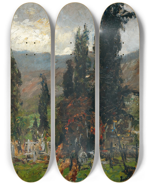 Triptych art skateboard deck of Olga Wisingerflorian View Of A Cemetery At Dusk by Olga Wisinger-Florian (1844-1926)