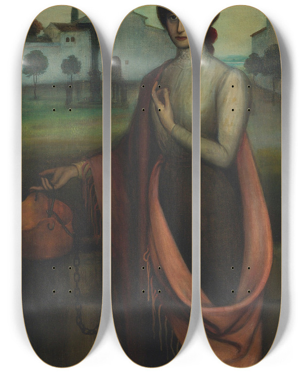 Triptych art skateboard deck of Julio Romero De Torres Girl By A Well by Julio Romero De Torres (1874-1930)