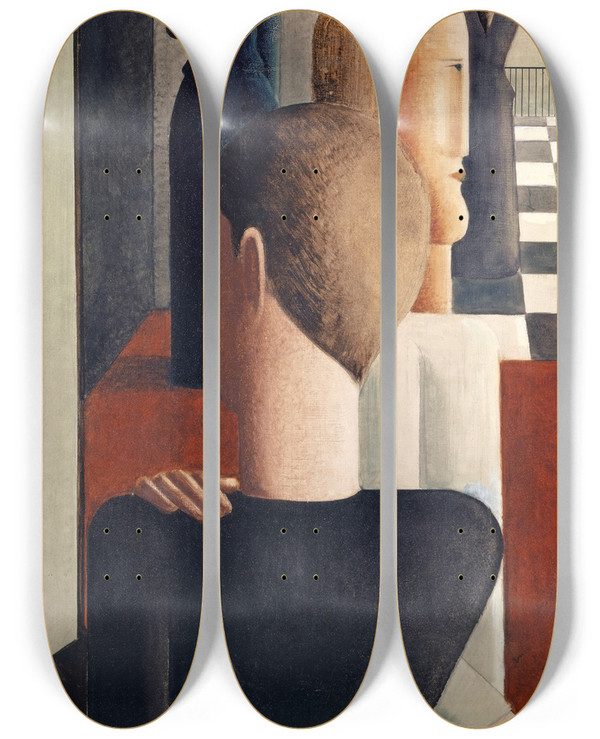 Triptych art skateboard deck of Oskar Schlemmer Interior With Five Figures Roman by Oskar Schlemmer (1888-1943)