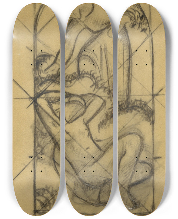 Triptych art skateboard deck of Richard Nicolas Roland Holst Ontwerp Met Geklede En Naakte Vrouw_2 by Richard Nicolaus Roland Holst (1868-1938)