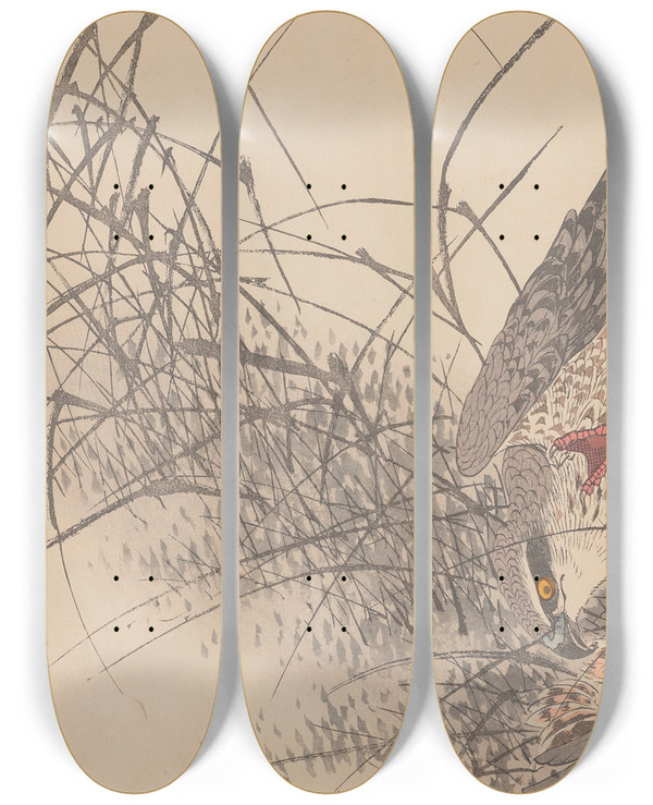 Triptych art skateboard deck of Imao Keinen Keinen Kach Gafu Pl137 by Imao Keinen (1845-1924)