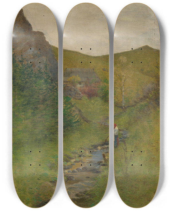 Triptych art skateboard deck of Ferdinand Katona By The Stream by Ferdinand Katona (1864-1932)