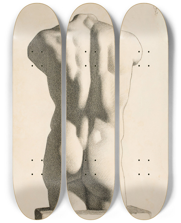 Triptych art skateboard deck of Pekka Halonen Back Of A Male Torso by Pekka Halonen (1865-1933)