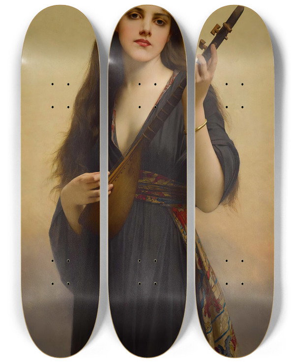 Triptych art skateboard deck of Jules Joseph Lefebvre Woman Playing A Lute by Jules Joseph Lefebvre (1836-1911)