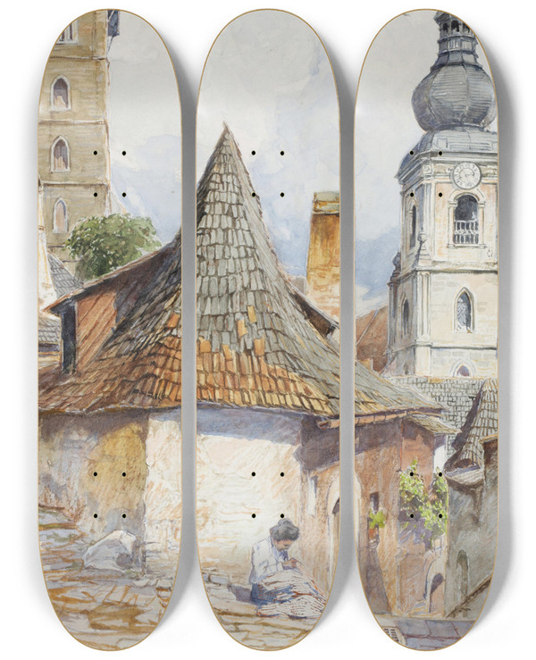 Triptych art skateboard deck of Fritz Lach Stein An Der Donau In Der Wachau by Fritz Lach (1868-1933)