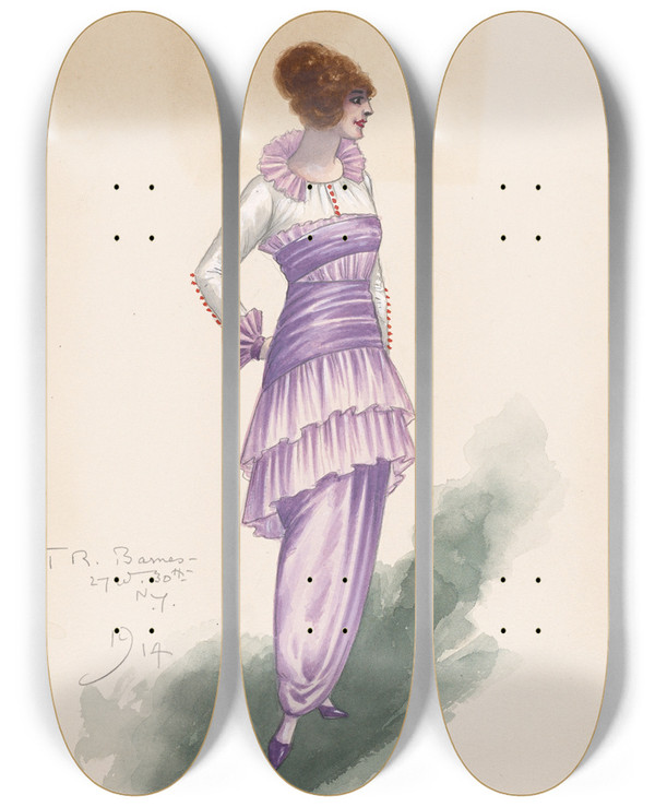 Triptych art skateboard deck of Will R Barnes Womans Costume And Fabric Pieces by Will R Barnes (1939)