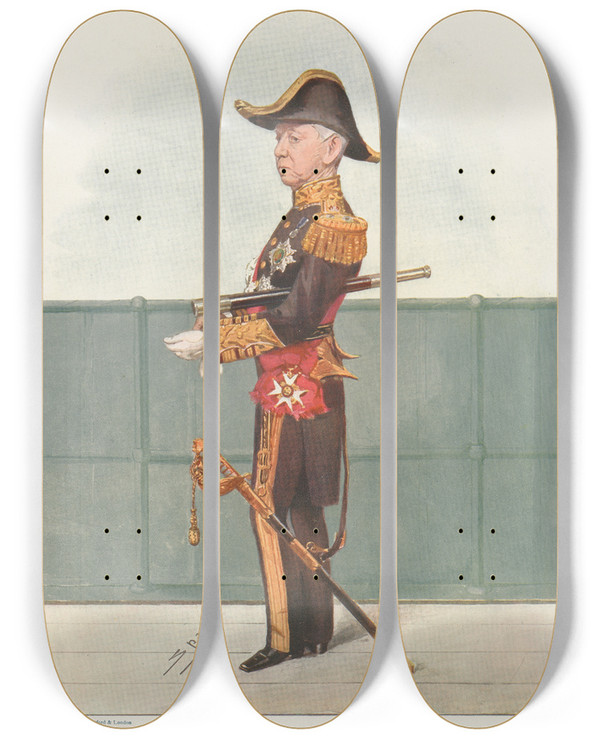 Triptych art skateboard deck of Leslie Matthew Ward Military And Navy 40 Hp In A Dinghy Admiral Sir Compton Domvile by Leslie Matthew Ward (1851-1922)