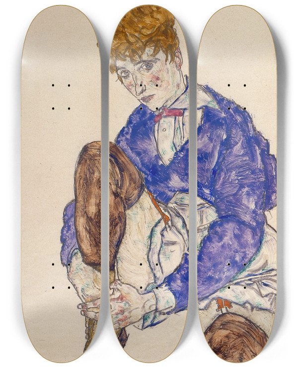 Triptych art skateboard deck of Egon Schiele Portrait Of The Artists Wife Seated Holding Her Right Leg by Egon Schiele (1890-1918)