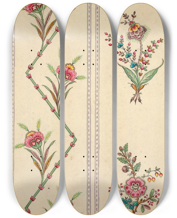 Triptych art skateboard deck of Louisalbert Dubois Printed Textile Design by Louis-Albert DuBois (1752-1818)