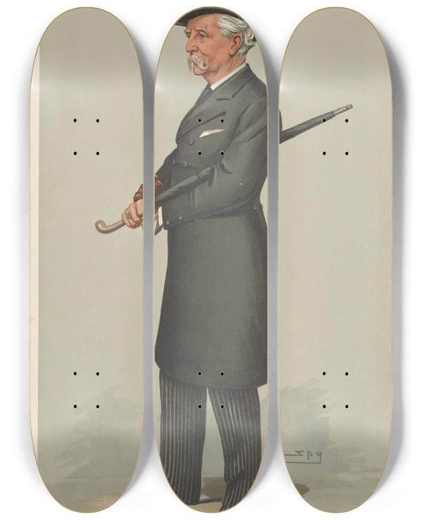 Triptych art skateboard deck of Leslie Matthew Ward Politicians The Nobleman In The Garden Lord Redesdale 16 June 1904 by Leslie Matthew Ward (1851-1922)