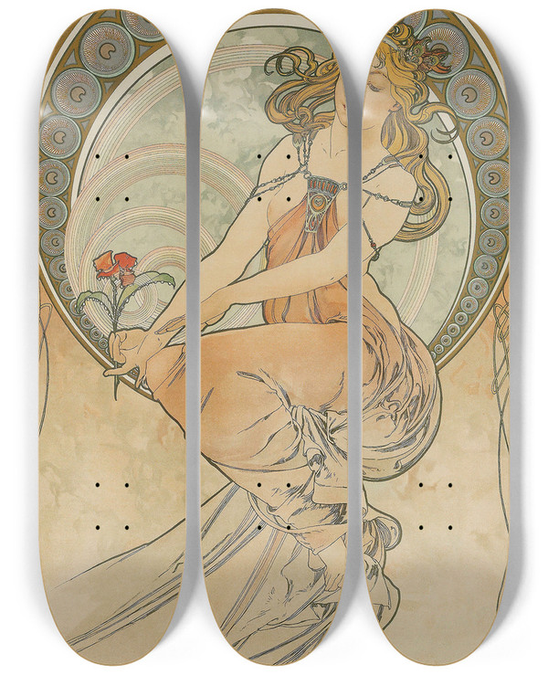 Triptych art skateboard deck of Alphonse Mucha The Arts 3 by Alphonse Mucha (1860-1939)