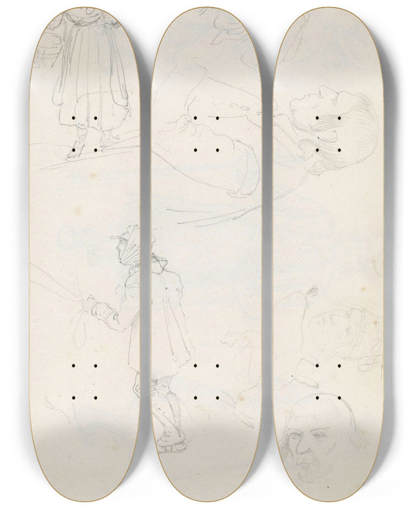 Triptych art skateboard deck of Adolph Tidemand Figure Studies_2 by Adolph Tidemand (1814-1876)
