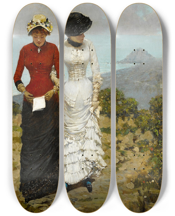Triptych art skateboard deck of Ernest Giroux Approaching The Rendezvous by Ernest Giroux (1851)