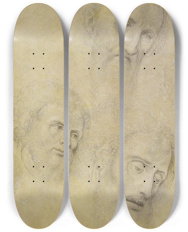 Triptych art skateboard deck of Dieric Bouts Studienblatt Drei Apostelkpfe by Dieric Bouts (1415-1475)