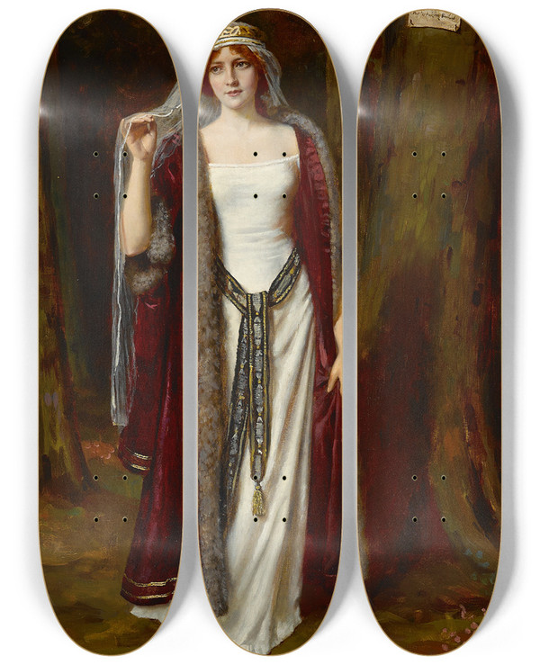 Triptych art skateboard deck of Abbey Altson A Message For Her Lover by Abbey Altson (1866-1949)