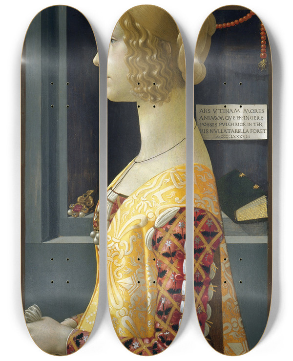 Triptych art skateboard deck of Domenico Ghirlandaio Portrait Of Giovanna Tornabuoni by Domenico Ghirlandaio (1449-1494)
