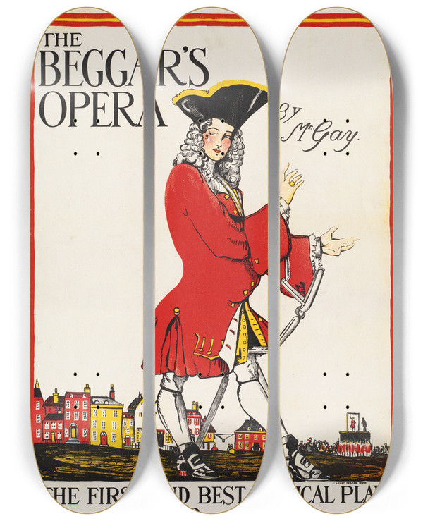 Triptych art skateboard deck of C Lovat Fraser The Beggars Opera by C. Lovat Fraser (1890-1921)