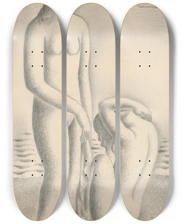 Triptych art skateboard deck of Mikul Galanda Women On The Seashore by Mikulas Galanda (1895-1938)