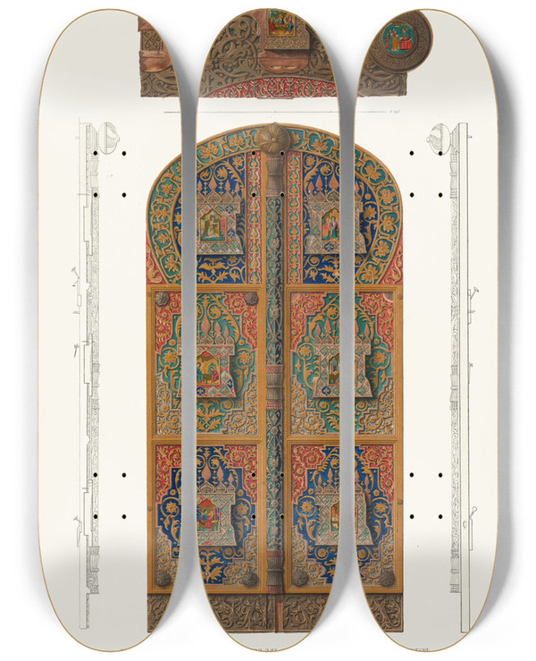 Triptych art skateboard deck of Fedor Grigoryevich Solntsev Starinnyia Dereviannyia Reznyia Tsarskiia Dveri V Tserkvi Rizpolozheniia V Teremnom Dvortse by Fedor Grigoryevich Solntsev (1801-1892)