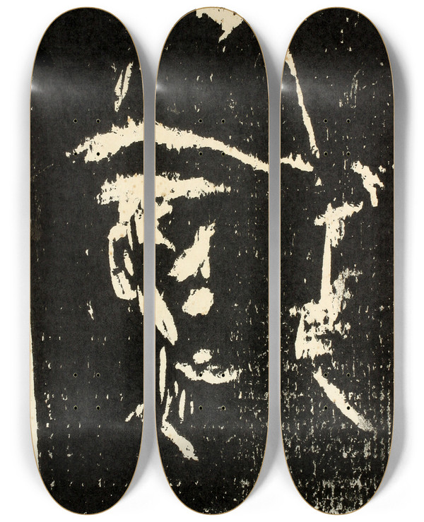 Triptych art skateboard deck of Henry Nielsen Mandsportrt Med Hat by Henry Nielsen (1907-1937)
