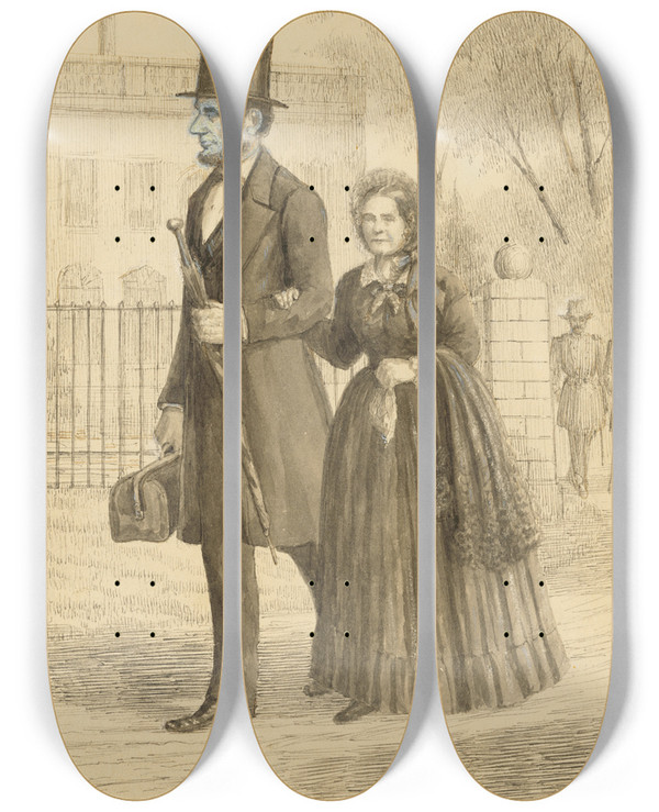 Triptych art skateboard deck of Pierre Morand Abraham And Mary Todd Lincoln by Pierre Morand (19-)