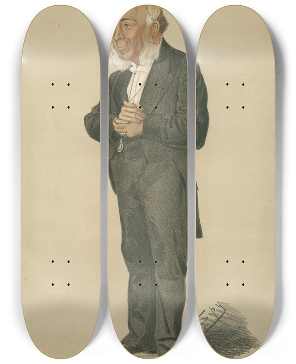 Triptych art skateboard deck of Leslie Matthew Ward Literary Notes And Queries Dr John Doran December 6 1873 by Leslie Matthew Ward (1851-1922)