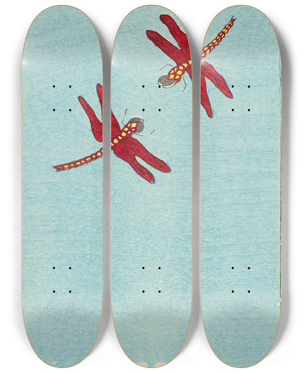 Triptych art skateboard deck of Jinta Hirayama Illustrated Catalogue Of Daylight Bomb Shells No 35 by Jinta Hirayama (19-)