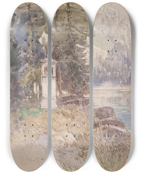Triptych art skateboard deck of Fritz Lach Am Kreuzteich Tragss by Fritz Lach (1868-1933)
