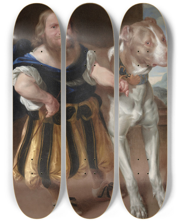Triptych art skateboard deck of Abraham Wuchters The Elector Of Saxonys Italian Dwarf Giachomo Favorchi With Princess Magdalene Sibylles Dog Raro by Abraham Wuchters (1608-1682)