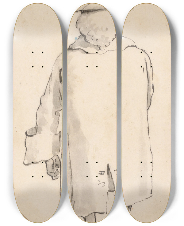 Triptych art skateboard deck of Giovanni Battista Tiepolo Caricature Of A Man Wearing A Wig And A Tricorne Seen From Behind_2 by Giovanni Battista Tiepolo (1696-1770)