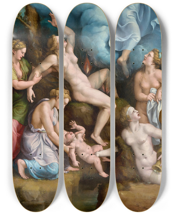 Triptych art skateboard deck of Giulio Romano The Birth Of Bacchus by Giulio Romano (1492-1546)