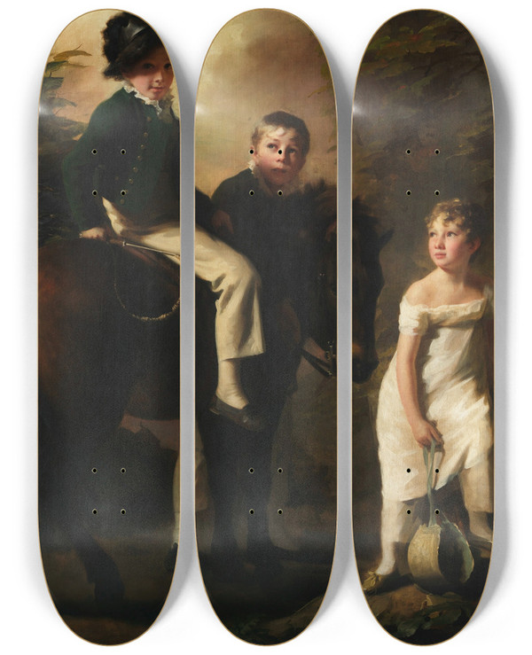 Triptych art skateboard deck of Sir Henry Raeburn The Drummond Children by Sir Henry Raeburn (1756-1823)