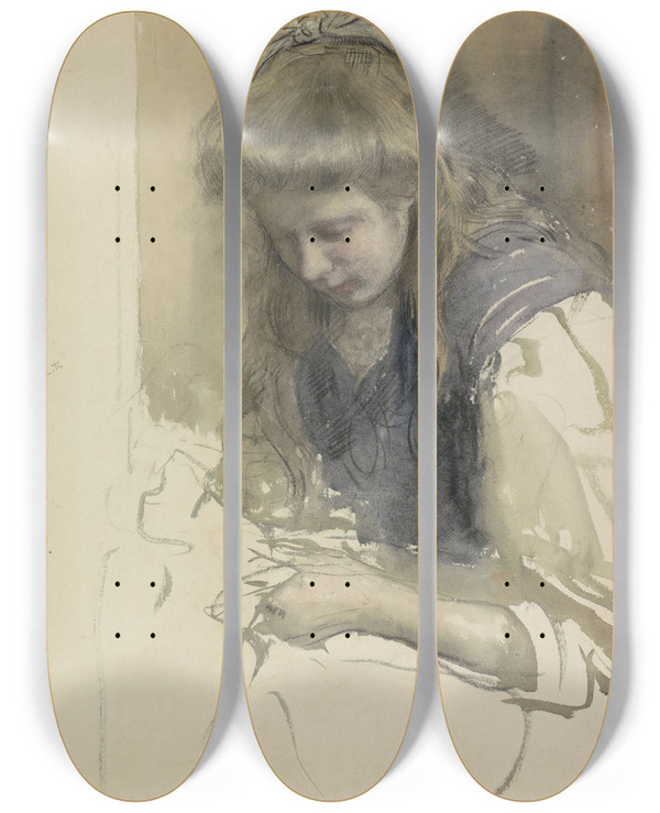 Triptych art skateboard deck of Johan Antonie De Jonge Studie Van Een Handwerkend Meisje In Matrozenjurk by Johan Antonie De Jonge (1864-1927)
