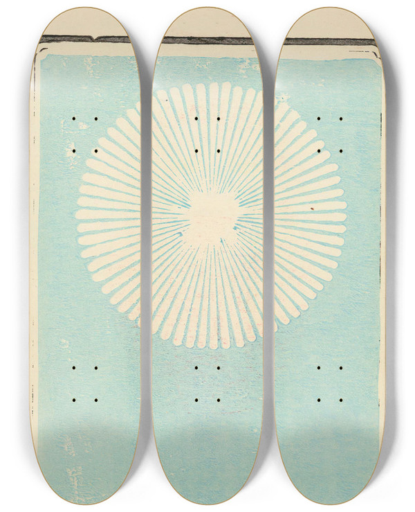 Triptych art skateboard deck of Jinta Hirayama Illustrated Catalogue Of Daylight Bomb Shells No 7 by Jinta Hirayama (19-)