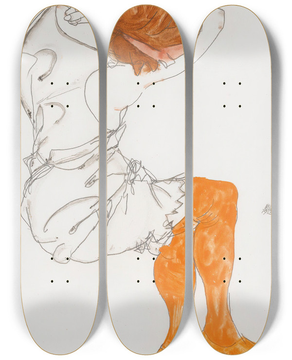 Triptych art skateboard deck of Egon Schiele Das Schlafende Mdchen The Sleeping Girl by Egon Schiele (1890-1918)